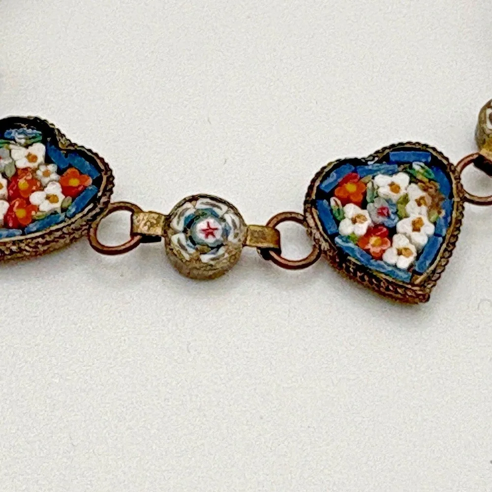 Vintage Italian Micro Mosaic Heart Bracelet Blue Floral Dainty Italy 7